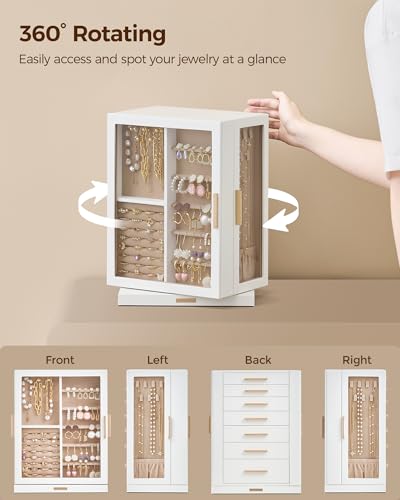 Glimmloop 360° Rotating Jewelry Box with 7 Drawers, Spacious Vertical Jewelry Organizer with Glass Window, Jewelry Storage...