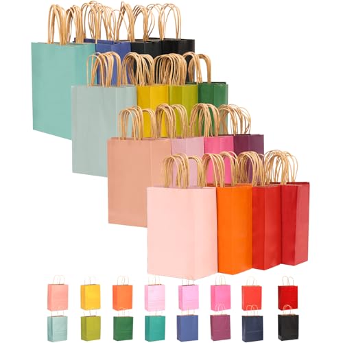 qiqee 32-Packs Paper Bags with Handles Bulk 8.26"×6"×3.15" Small Gift Bags 16 Different Senior Color Bags Multiple Uses（Sm...
