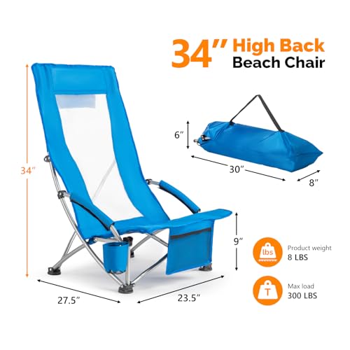 VINGLI Low Beach Chairs, High Back Chairs with Carry Bag，Foldable Portable Backpack Beach Chair for Camping Picnic LAN-2 Pack