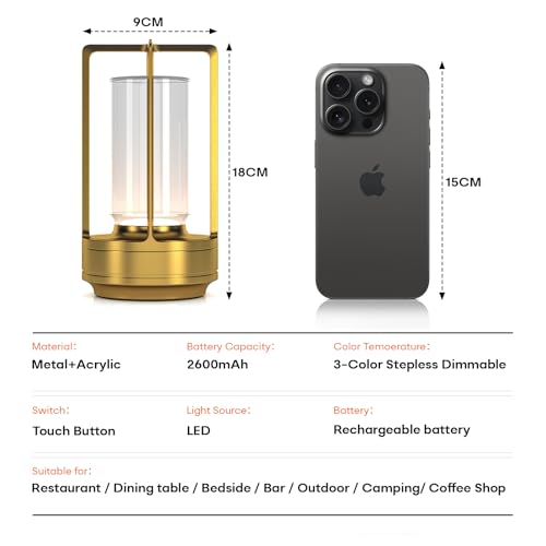 Portable Metal Table Lamp for Indoor/Outdoor ,Rechargeable Cordless LED Lamp, 3-Colour Infinitely Dimming Battery Powered ...