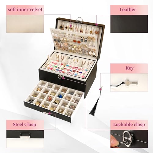 BOOVO Earring Jewelry Box For Women Girl Stud Organizer, 5 Layers Girl Jewelry Organizer Box With Lock Earring Holder Orga...