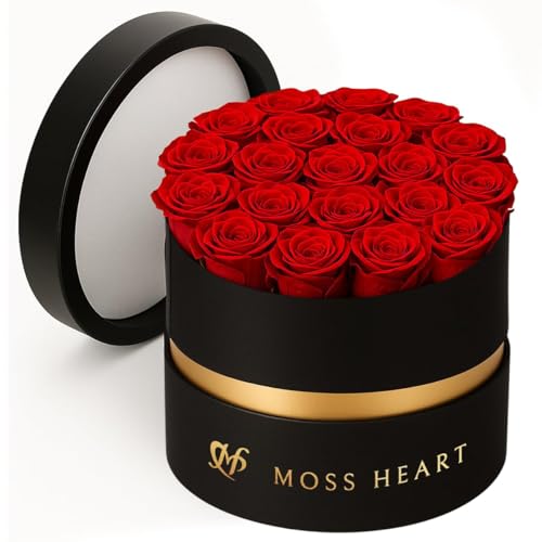 Moss Heart 20 Mini Preserved Roses, Round Luxury Gift Box, Real Forever Roses Last 1+ Year, Premium Romantic Gift for Wome...