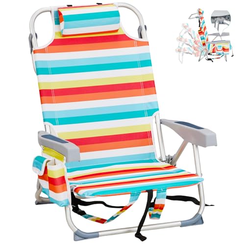 NAICKUC Folding Low Backpack Beach Chairs for Adults, 5-Positions Adjustable Portable Recliner, Aluminum Frame, Includes H...