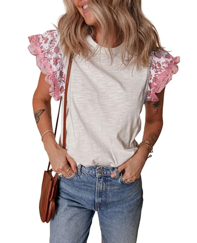 SELINK Womens Summer Ruffle Short Sleeve Top Crewneck T Shirts Floral Trim Casual Blouses