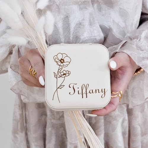Corissy Personalized Jewelry Box for Women, Custom Travel Jewelry Case with Name and Birth Flower, Leather Jewelry Box for...