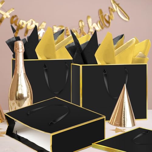 Epoesch 12 Pack Black Gift Bags with Handles – Includes 24 Tissue Paper – 11.8"x10"x4" – Elegant 5 Senses Gift Bags for We...