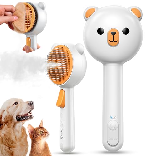 Pet Steam Brush for Dogs & Cats, Brushes for Indoor Cats with Release Button, Dual Speed Spray USB Rechargeable Grooming S...