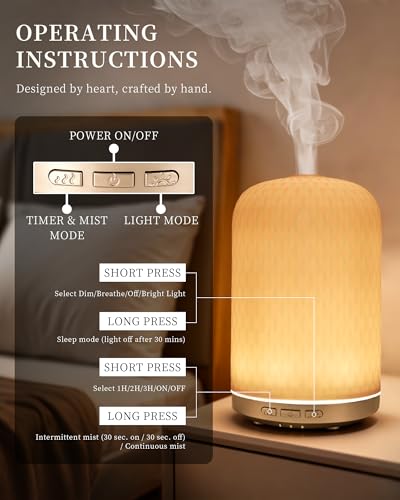 Essential Oil Diffuser - 2.4MHz Ultrasonic Ceramic Diffuser with Pulse/Continuous Mist & Night Light, Waterless Auto-Off, ...