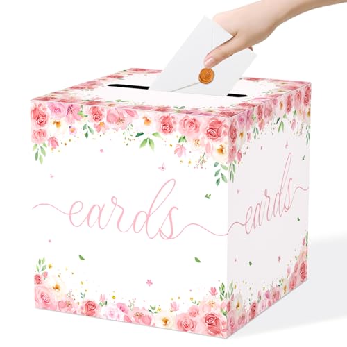 QISOLIY Pink Floral Card Box for Party, White Gift Card Holder & Money Box with Watercolor Flowers for Wedding, Bridal Sho...