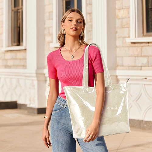KALIDI PVC Zipper Tote Bag, Jelly Kraft Paper Beach Bag Large Hobo Carry All Travel Shopping Handbag Plastic Shoulder Bag