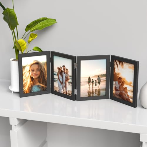 WARM&LOVE 4 Picture Frame, 4x6 Four Folding Hinged Photo Frames, Rustic Wood Desk Family Photo Collage Stand Vertical on T...
