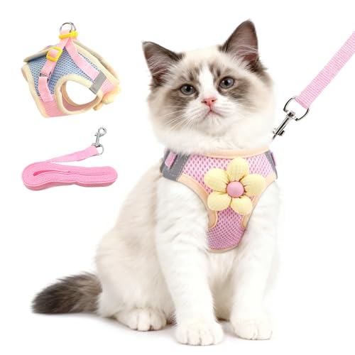 Cat Harness and Leash Set Escape Proof, Adjustable Leash & Breathable Mesh Vest with Reflective Strips & Flower, (S)