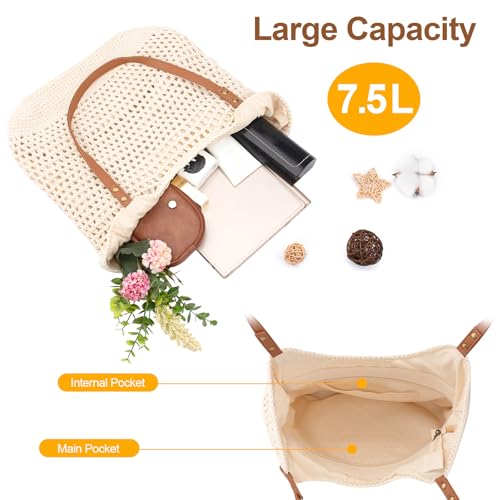 Peicees Crochet Beach Bag Purse, Boho Woven Tote with Leak-Proof Lining For Summer Vacation Travel Casual Shoulder Bag Soft