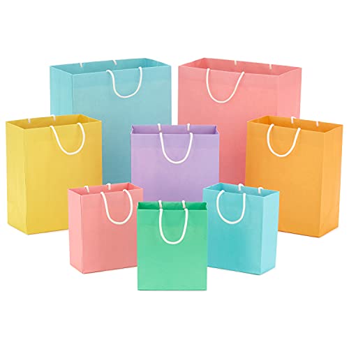 Hallmark Recyclable Gift Bag Assortment (8 Bags: 3 Small 6", 3 Medium 9", 2 Large 13") Pastel Blue, Pink, Yellow, Purple, ...
