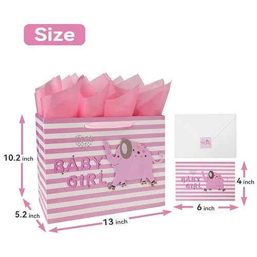 wishinside 13" Large Pink Gift Bag Set with Greeting Card and Tissue Paper(3D elephant) for Baby Girl,Baby Shower,Kids Bir...