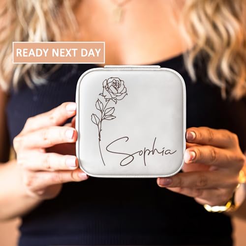 DayOfShe Personalized Travel Jewelry Box with Name and Birth Flower Mothers Day Mom Gifts,Personalized Bridesmaid Gifts fo...