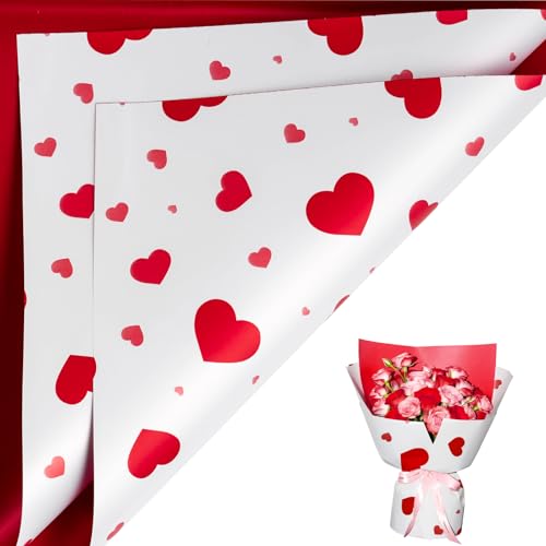 LeZakaa 20 Sheets Flower Wrapping Paper, Red Heart Design Waterproof Floral Bouquet Paper for Valentine's Day, Wedding, An...