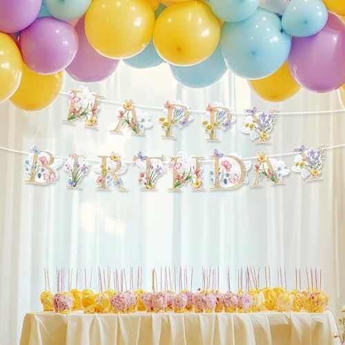 Lemicin Flower Butterfly Happy Birthday Banner Boho Wildflower and Butterflies Baby Banner Flower Birthday Decorations for...