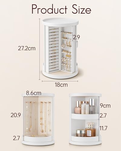 VLANDO 360°Rotating Jewelry Box,Earring Organizer Large Vertical Jewelry Organizer with 6 Necklace Hooks, Open Ring Displa...
