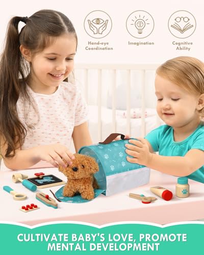 Lehoo Castle Wooden Doctor Kit for Toddlers 3-5 Girls Toys, Vet Toys for Kids, Pretend Play Doctor Set with Puppy, Stethos...