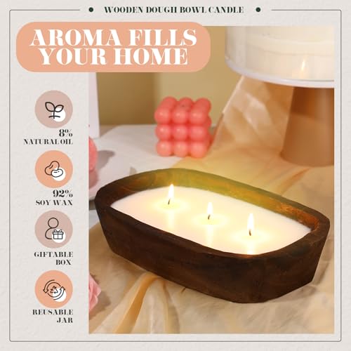 Threlaco 2 Pack Wood Dough Bowl Candle Jar Candle Decorative with Wick Scented Candles Soy Gifts for Men Women Farmhouse T...