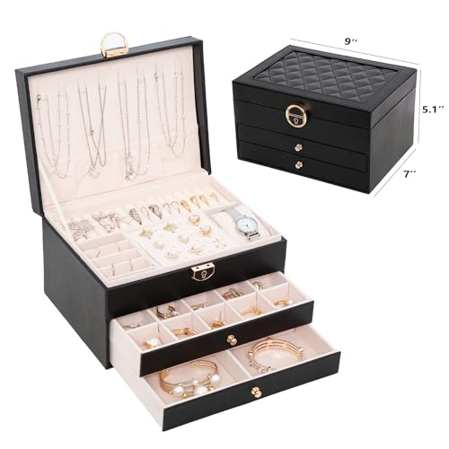 GUOER Jewelry Box for Women Girl Wife 3 Layers Large PU Leather Jewelry Organizer Storage Case with Two drawers Display fo...