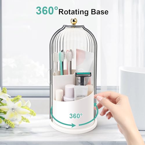 QIYVLOS Toothbrush Holders with Sliding Lid, Rotating 3 Slots Bathroom Organizer Countertop, Tooth Brush Toothpaste Holder...