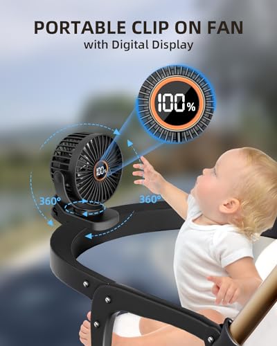 TUNISE Mini Clip on Fan, Battery Operated Desk Fan, Digital display，3 Speeds Adjustable, Bidirectional 360 ° Adjustable, S...