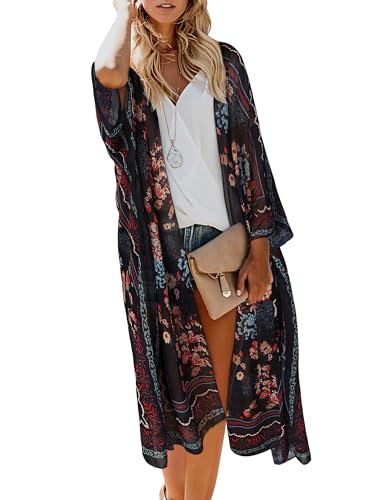 MayBuy Women's Summer Long Flowy Kimono Cardigans Boho Chiffon Beach Cover Up Tops