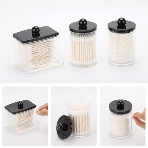 Tbestmax 3 Pack Qtips Holder Dispenser - Bathroom Organizers and Storage Containers, Plastic Apothecary Jars with Black Li...