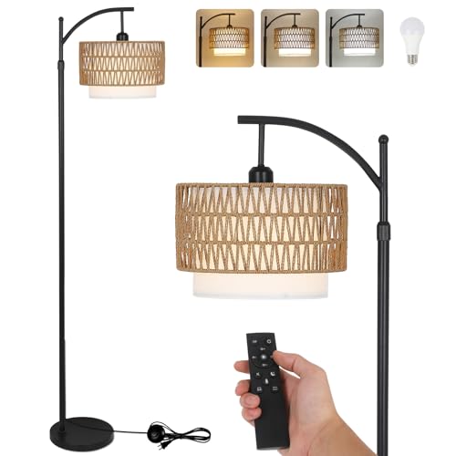 Arc Floor Lamp for Living Room with 3 Color Temperatures, Farmhouse Floor Lamps with Remote & Dimmable Bulb, Boho Standing...