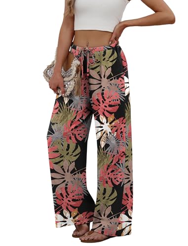 Sampeel Wide Leg Pants for Women Flowy Palazzo Drawstring Elastic Waist Trousers with Pockets Summer Beach Vacation Clothes