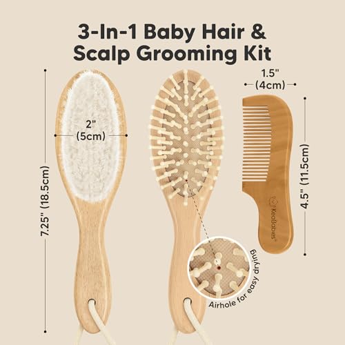 Baby Hair Brush Set for Newborns - Soft Goat Bristle Wooden Baby Brush and Comb Set Newborn Grooming Kit for Cradle Cap, D...