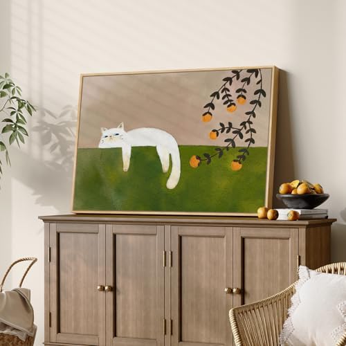 Framed Neutral and Green Wall Art for Bedroom Decor, Large Cozy Cat Canvas Painting Artwork for Room Walls, Green Picture ...