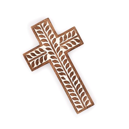 NIRMAN Mango Wood Religious Catholic Cross Wall Hanging Floral Carvings Living Room Home Décor for Entryway Office Living ...