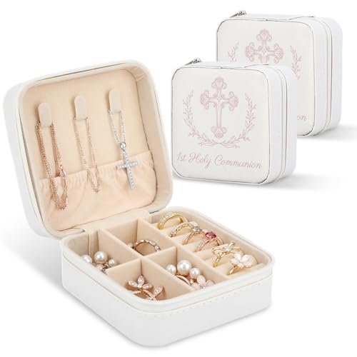 2PCS First Communion Gifts Travel Jewelry Box, 3.94x3.94x1.97 in White PU Leather Case, Religious Cross Flower Jewelry Cas...
