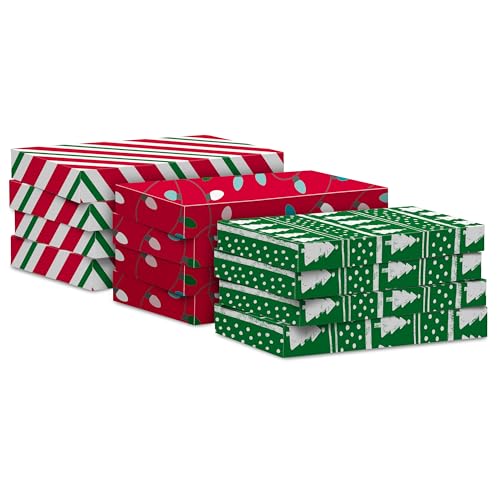 Hallmark Medium Christmas Gift Boxes with Lids (12 Shirt Boxes, 3 Designs: Lights, Trees, Red and Green Stripes) for Chris...