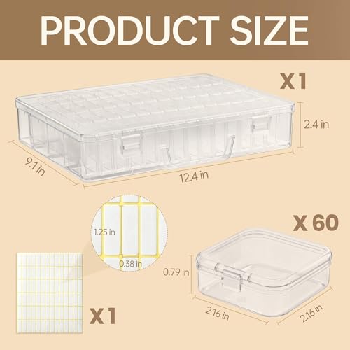 Bead Organizer Box, 60 Pack Small Clear Storage Boxes with Labels, Large Travel Craft Case with Handle, Mini Plastic Conta...