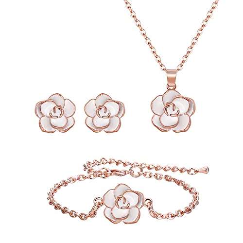 EleQueen Rose Flower Necklace Earrings Bracelet Set 14K Gold Plated Hypoallergenic Jewelry Sets Gift for Women