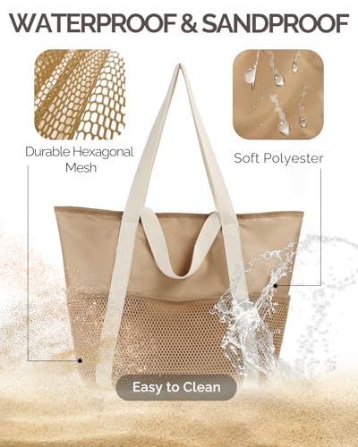 HOMESPON Beach Bag Large Waterproof Sandproof Tote for Women with Zipper and Mesh Pockets