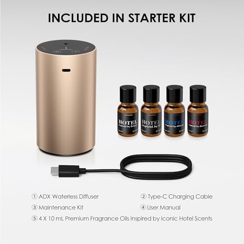 Airversa Waterless Essential Oil Diffusers Starter Kit with 4 x 10mL Hotel Scent Fragrance Oil, Aluminum Housing, Battery ...