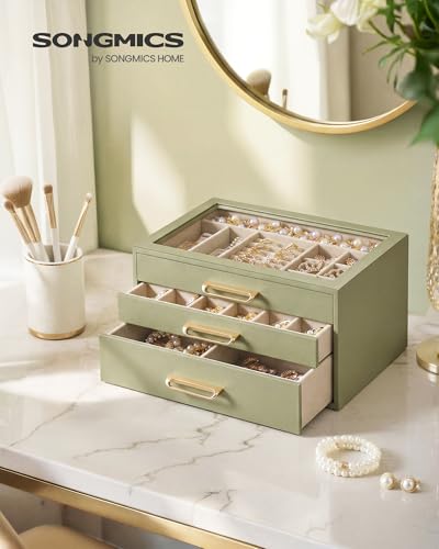 SONGMICS 3-Layer Jewelry Box with Glass Window, Jewelry Storage Organizer with 3 Drawers, Golden Handles, for Rings, Earri...