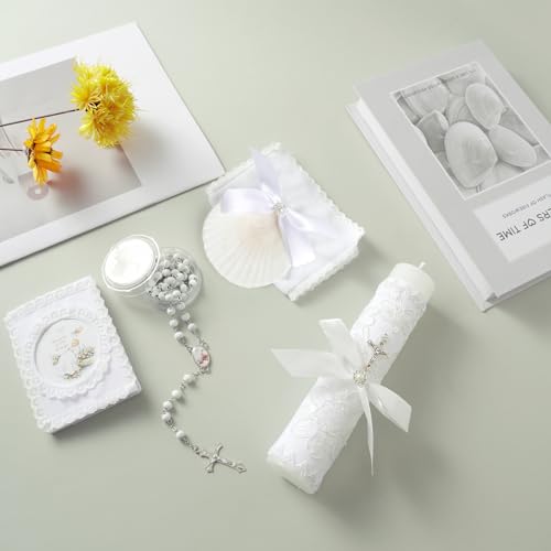 Baptism Candle Set for Boys Girls,5 PCS Baptism Kit Catholic Candle,Baptism Towel,Baptismal Shell,Rosary,Bible for Baby De...