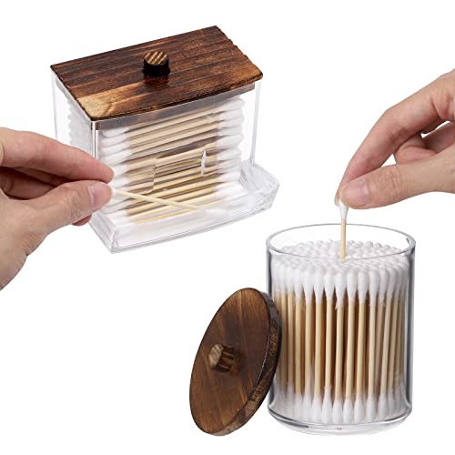 Tbestmax Qtips Holder Bathroom Container, 10 OZ Cotton Ball/Swabs Dispenser, Apothecary Jar Organizer for Storage Brown Wo...