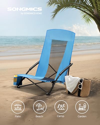 SONGMICS Set of 2 Portable Beach Chairs for Adults, Max. Load 330 lb Each, High Backrest, Cup Holder, Lightweight, Heavy-D...