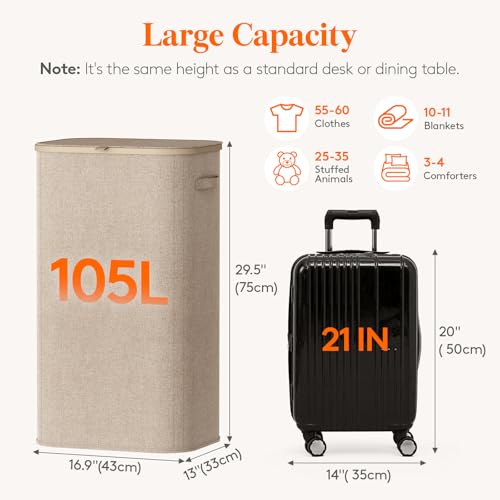 Lifewit 105L Large Laundry Basket with Lid, Laundry Hamper with Plastic Handles and Removable Bag, Foldable Tall Dirty Clo...
