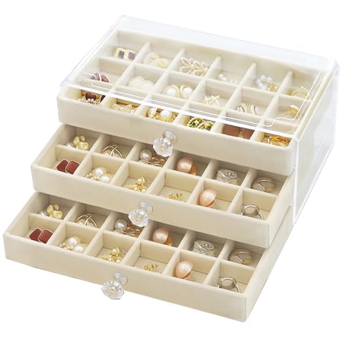 SPAKOWN Earring Box Holder Organizer Display Case, Clear Velvet Jewelry Storage Tray Organizer for Earring Ring Stud (Beig...