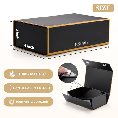 Magnetic Gift Box with Lids Ribbons and Gift Bag for Presents, 9.5x6x3" Black Gold Gift Box with Bag Set for Men Boys Him,...
