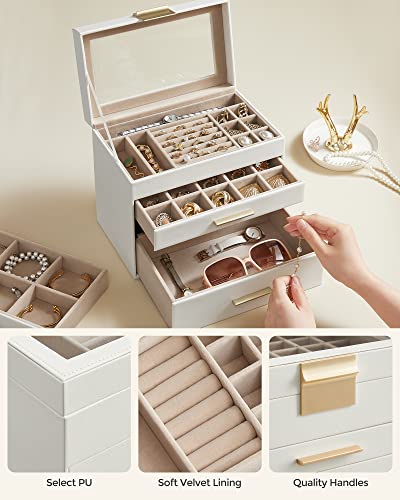 SONGMICS GISELLA Collection - Jewelry Box Organizer, 4-Layer Jewelry Storage with 3 Drawers, Shiny Metal Hardware, Glass L...