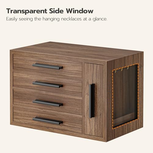 HOOBRO Jewelry Box for Women, Wooden Jewelry Organizer with Transparent Window, 4-Layer Jewelry Organizer Box, Jewelry Hol...